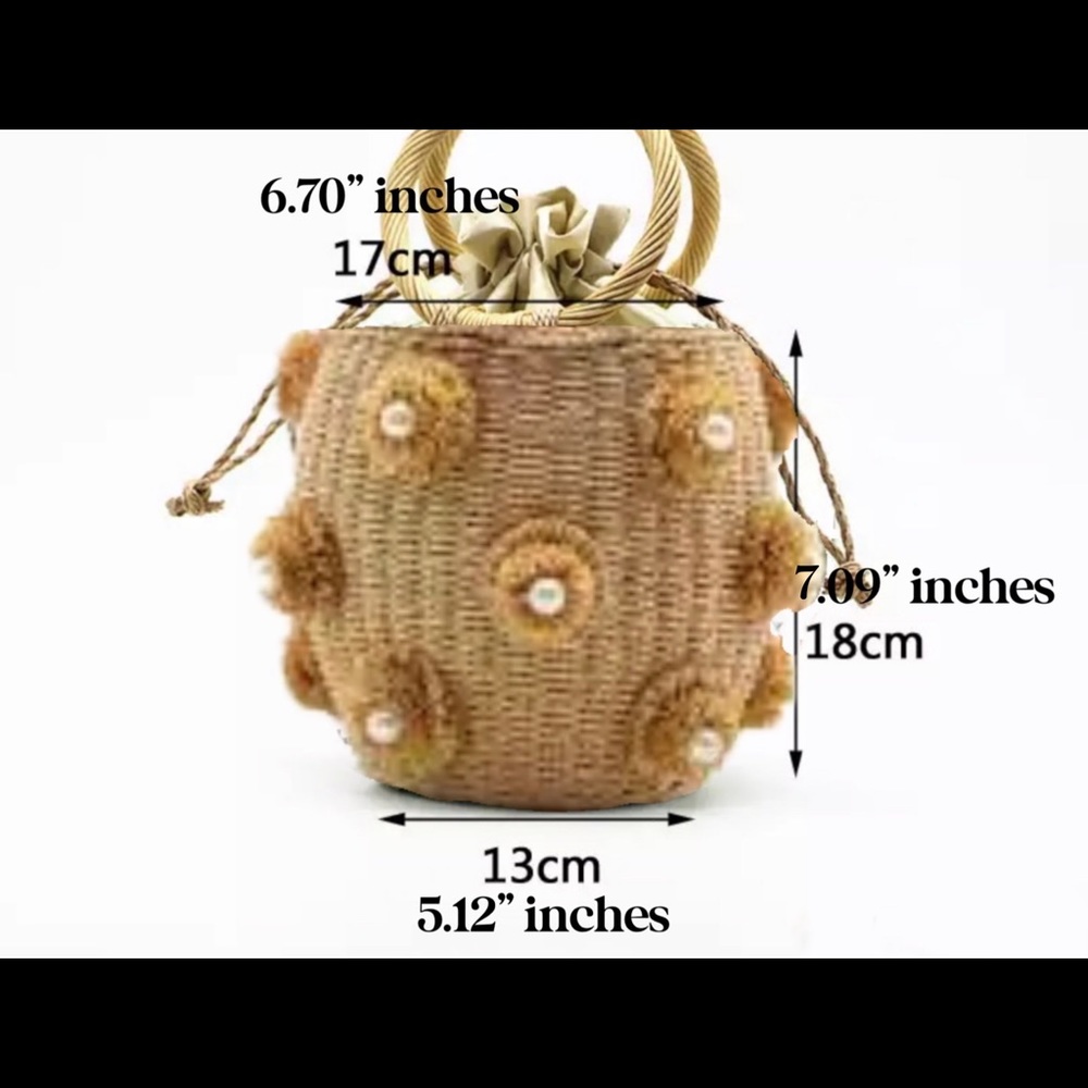 New NWT Woven Straw Pearl Round Bucket Bag - Picture 10 of 14